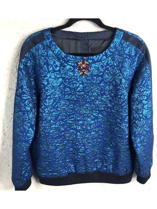 J.CREW Sweaters - Statement Sweater Women 10 Blue Metallic Delphinium Jacquard Jewels Castle  NEW